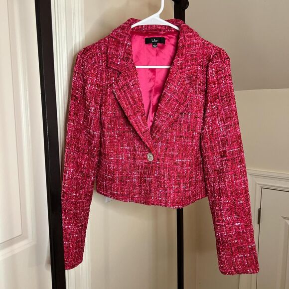 Lulu’s Preppy Perfection Pink Boucle Rhinestone Button Cropped Blazer - Picture 4 of 6